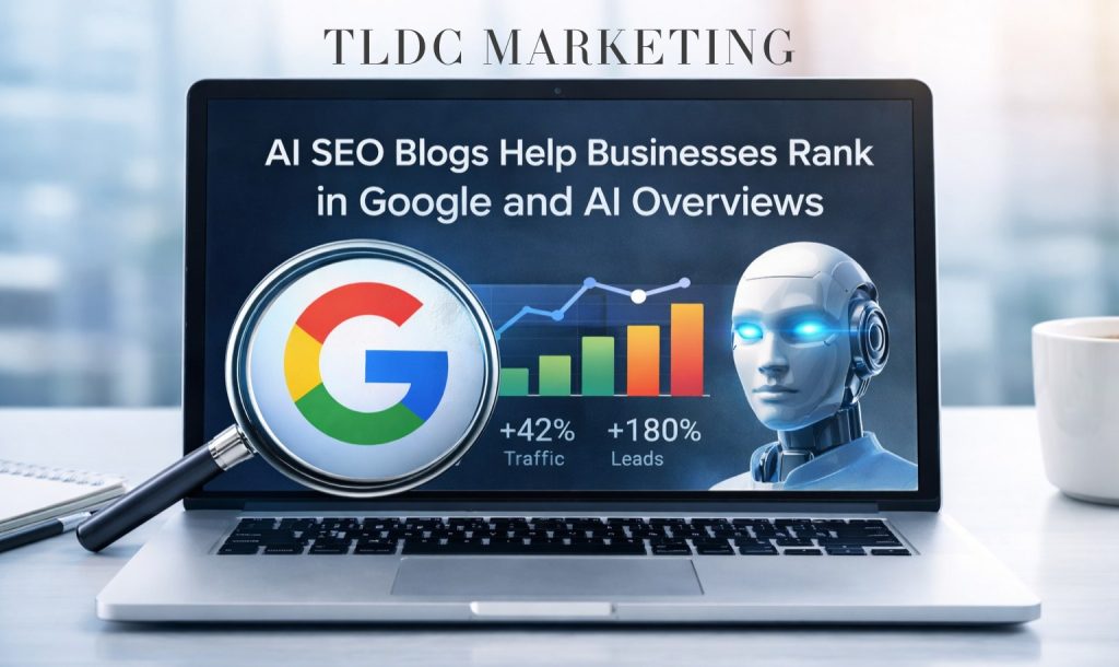 Laptop displaying AI-generated SEO blog content with analytics graphs in a modern professional office setting