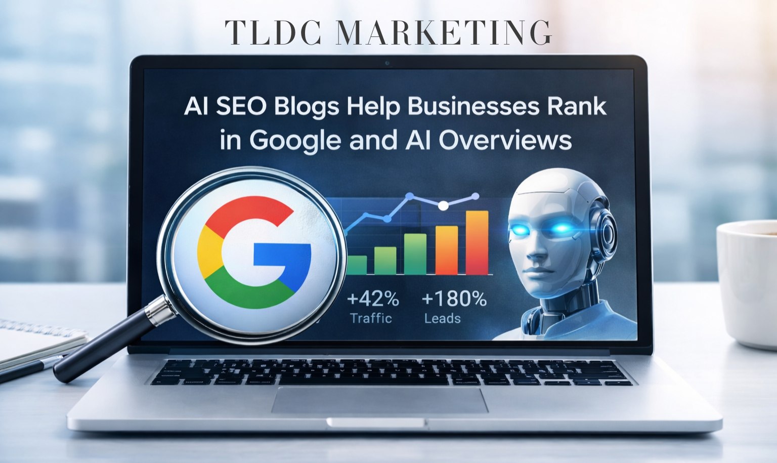 Laptop displaying AI-generated SEO blog content with analytics graphs in a modern professional office setting