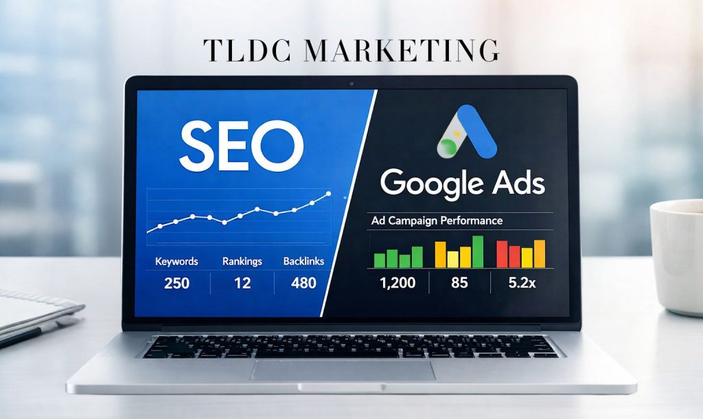 Laptop showing Google Ads and SEO analytics dashboards side by side in a modern office setting