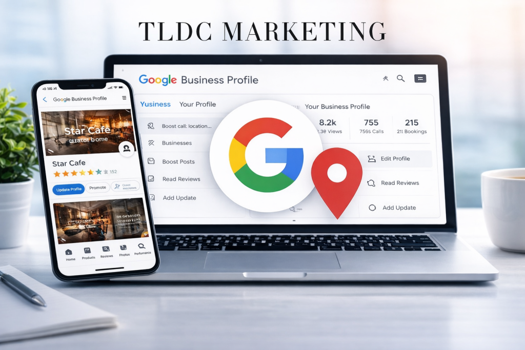 Modern laptop and smartphone showing a Google Business Profile dashboard in a clean professional office setting