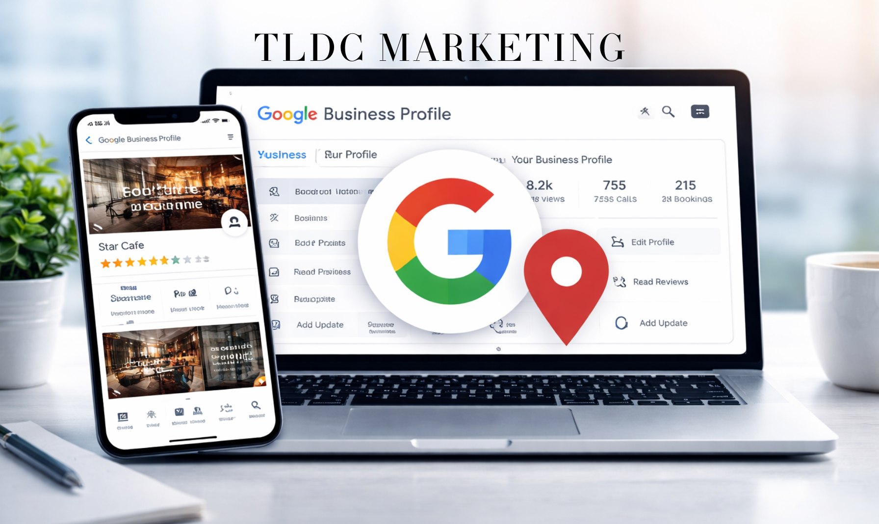 Modern laptop and smartphone showing a Google Business Profile dashboard in a clean professional office setting