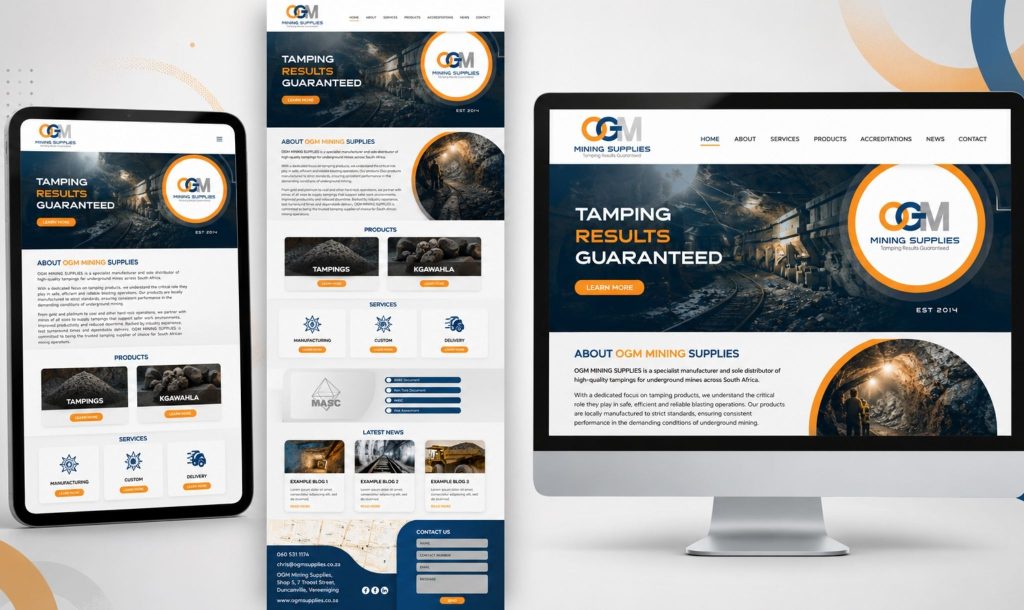 Website design for mining suppliers showing OGM Mining Supplies WordPress website by TLDC Marketing