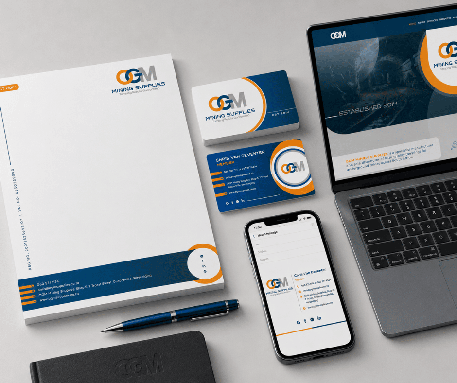 OGM Mining Supplies corporate identity logo with blue, orange and grey mining branding