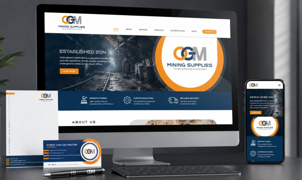 OGM Mining Supplies corporate identity logo with blue and orange mining brand design