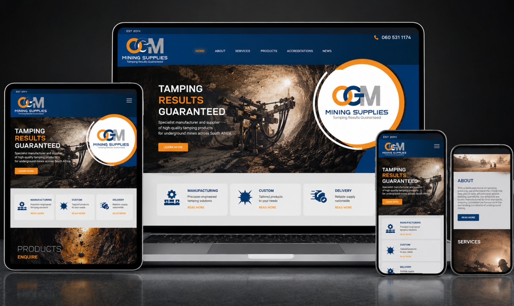 OGM Mining Supplies corporate identity logo with blue and orange mining brand design